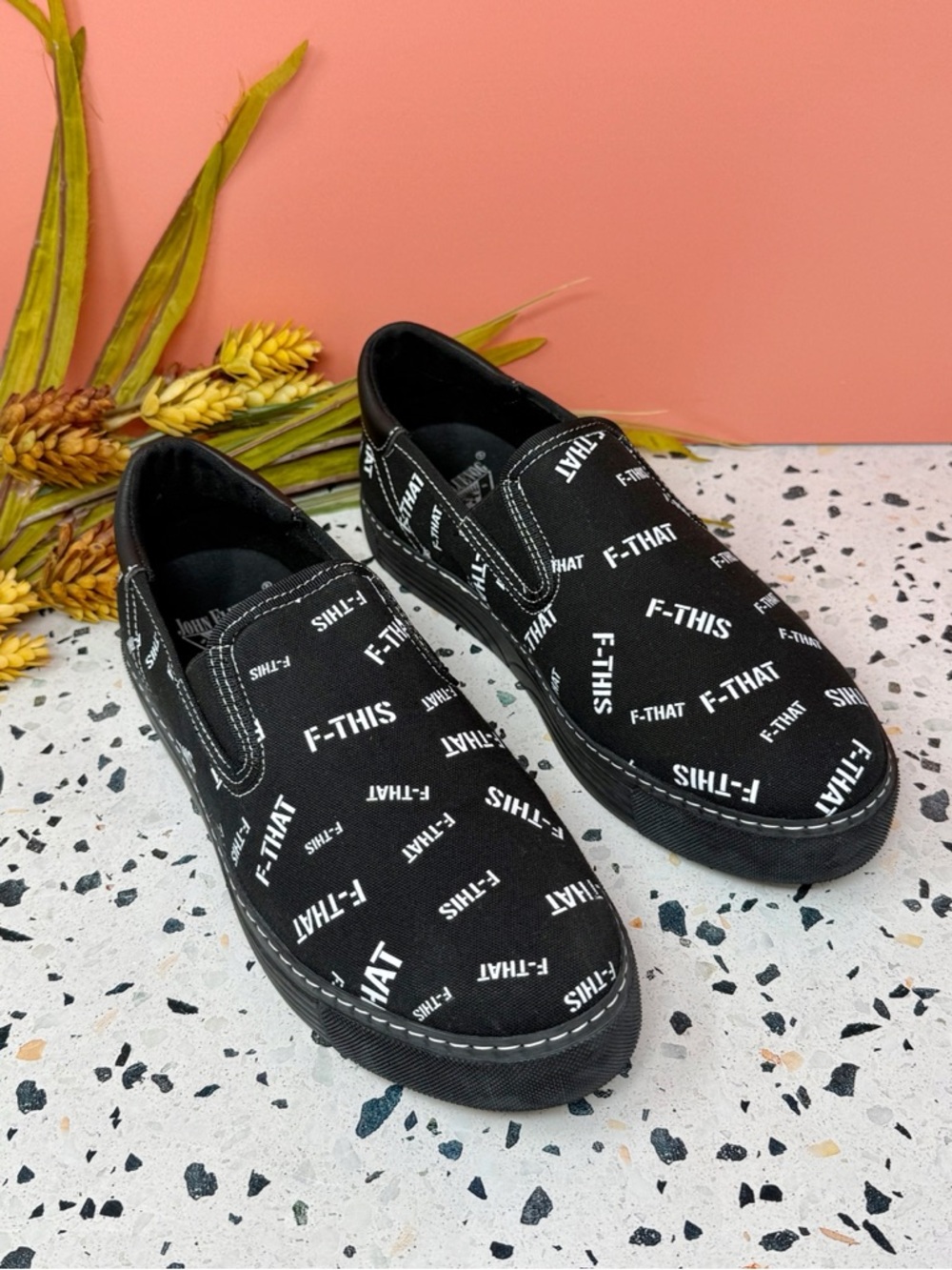 John Fluevog Slalom F-This F-That Vegan Slip On Shoes Black Unisex M7 W9 NWOB